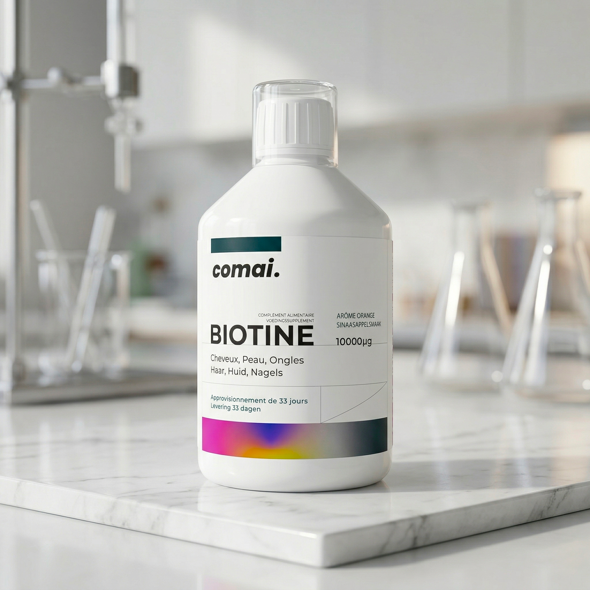 Bouteille COMAI BIOTINE — Complément alimentaire liquide 500ml, biotine et vitamine C, formulé en Belgique