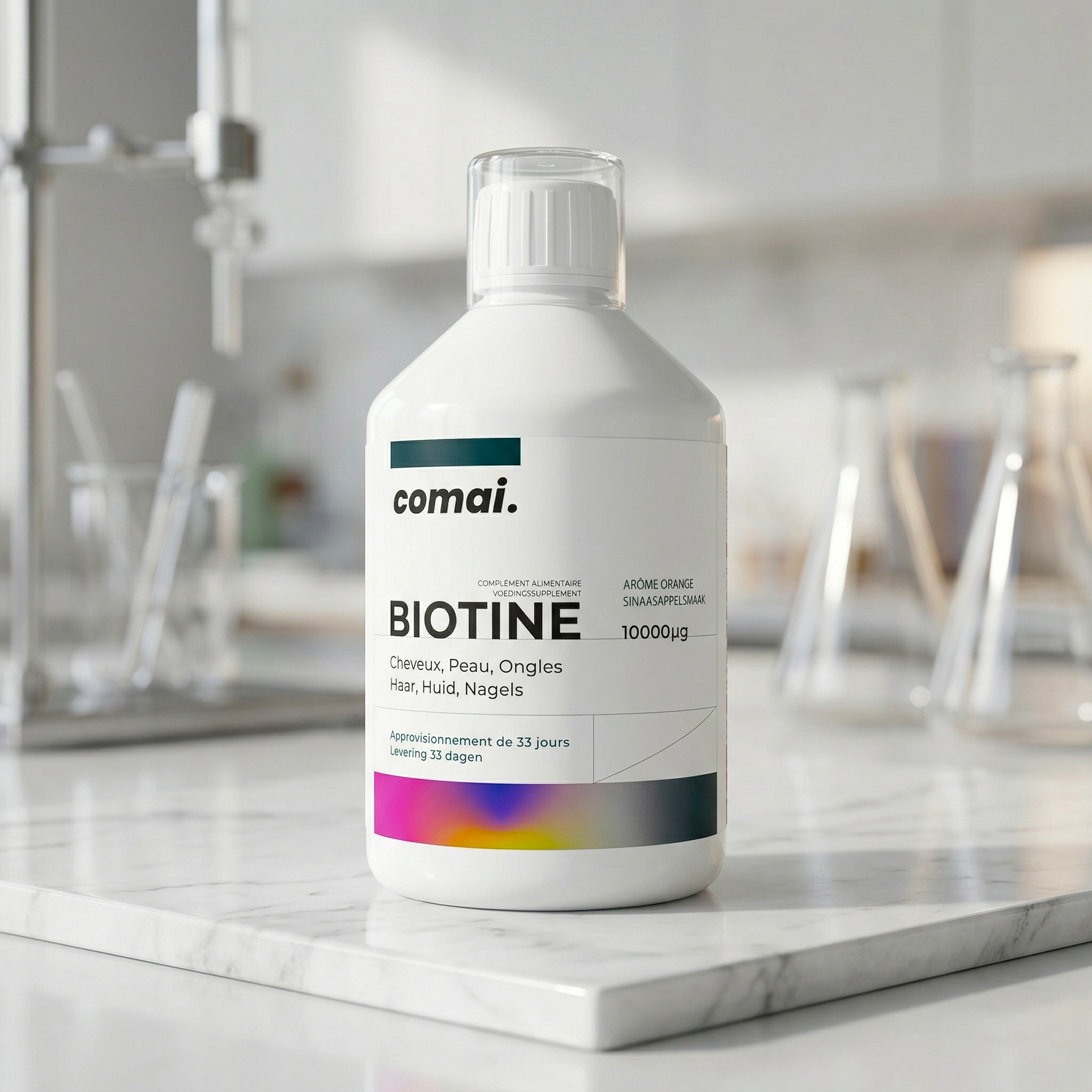 Bouteille COMAI BIOTINE — Complément alimentaire liquide 500ml, biotine et vitamine C, formulé en Belgique