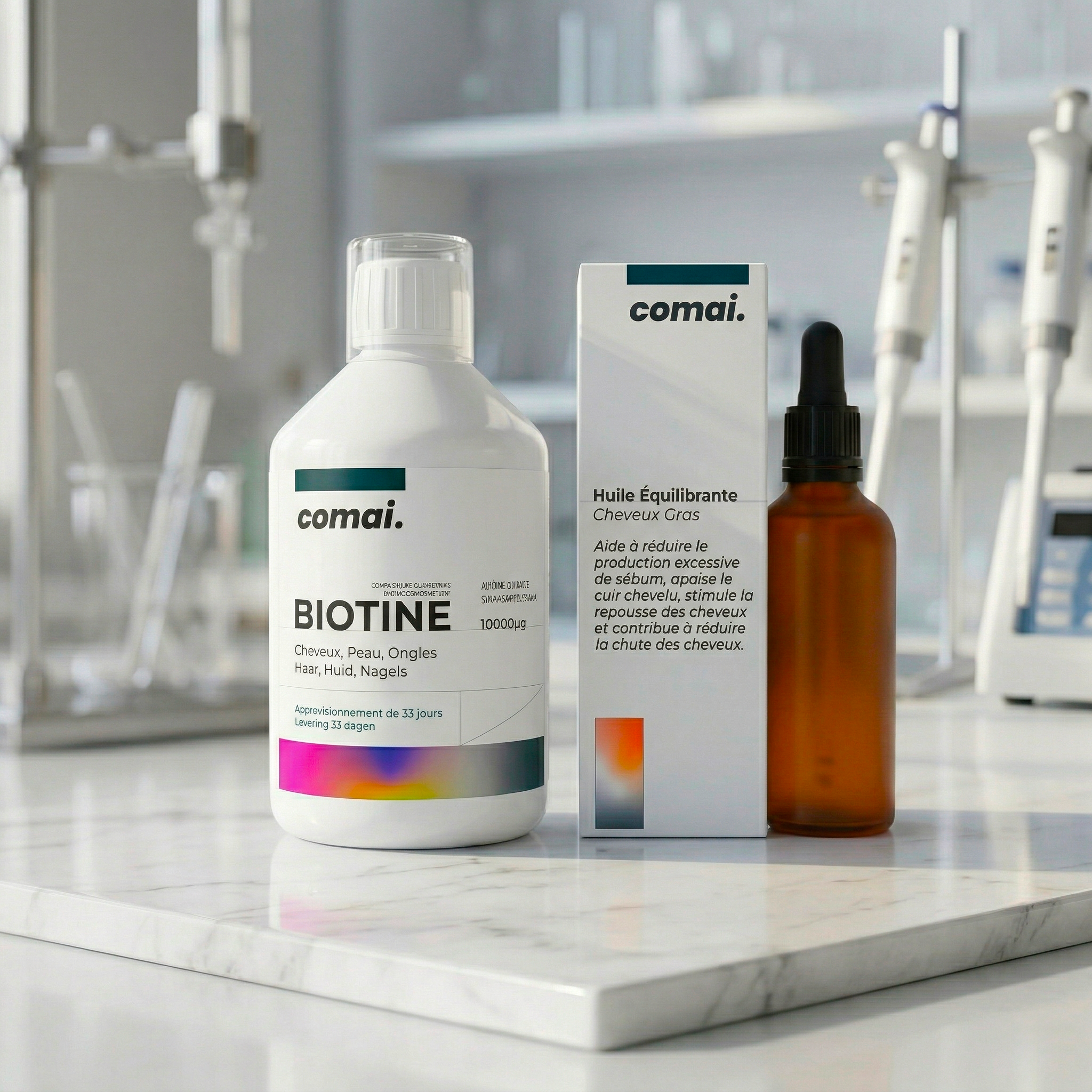 Cure 3 mois comai. — 3 flacons de biotine liquide et 2 huiles capillaires certifiées COSMOS ORGANIC