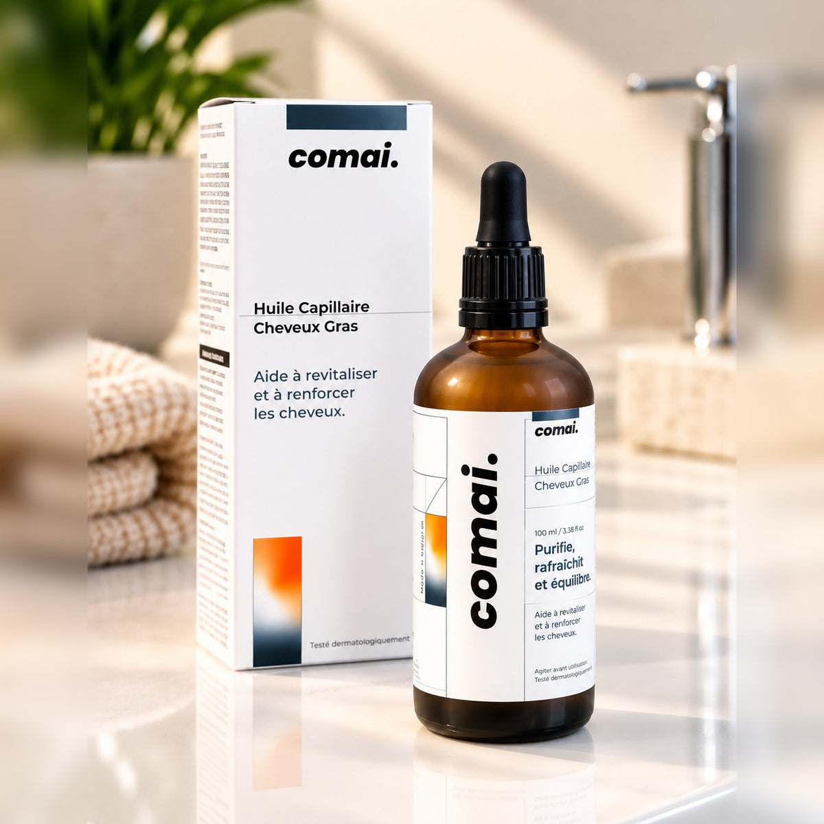 Huile COMAI Cheveux Gras : flacon compte-gouttes 100 ml en verre ambré et son étui, certifiée COSMOS ORGANIC
