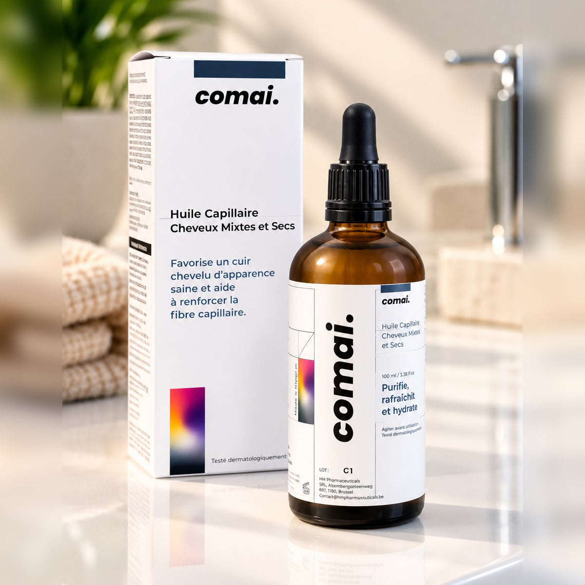Huile COMAI Cheveux Mixtes et Secs : flacon compte-gouttes 100 ml en verre ambré et son étui, certifiée COSMOS ORGANIC